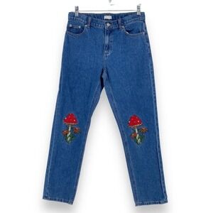 PacSun Jeans Girls 14 Blue Mushroom Embroidered Straight Leg Denim Pants Boho